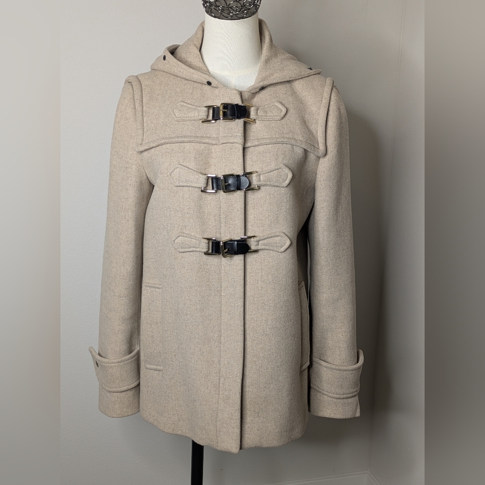 Zara Women's Tan Pea Coat Wool Pockets Chunky Khaki Size S Black Gold Buckle